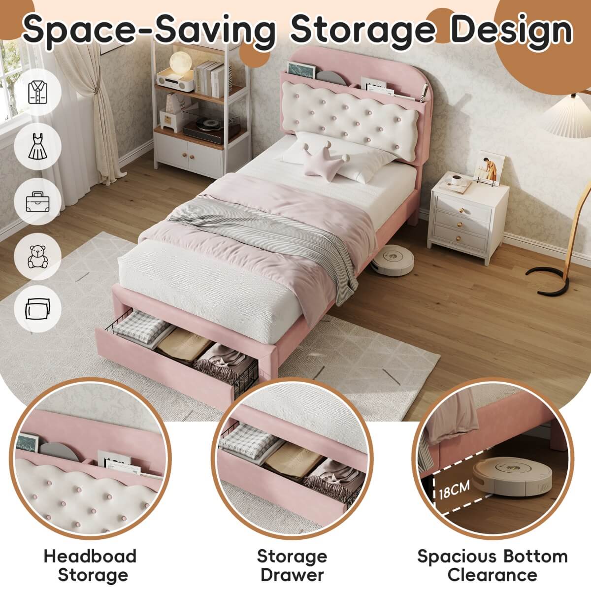 3ft Single Velvet Bed Frame - Cookie Shaped Headboard with Storage Drawer