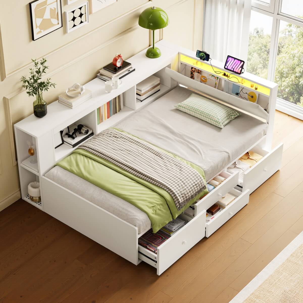 3ft Single Tatami Wooden Bed Frame - Reversible Design with Underbed Storage, LED Linen Headboard and Charging Station, White