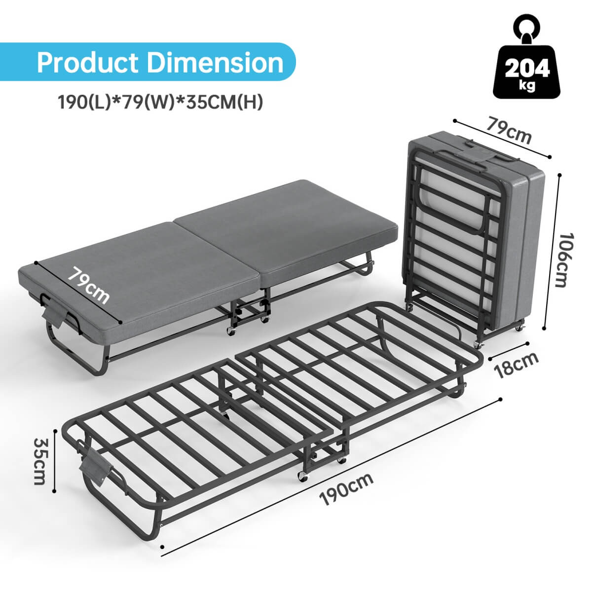 Folding Single Bed with Wheels - Portable Guest Bed with 6cm Memory Foam Mattress & Sturdy Metal Frame