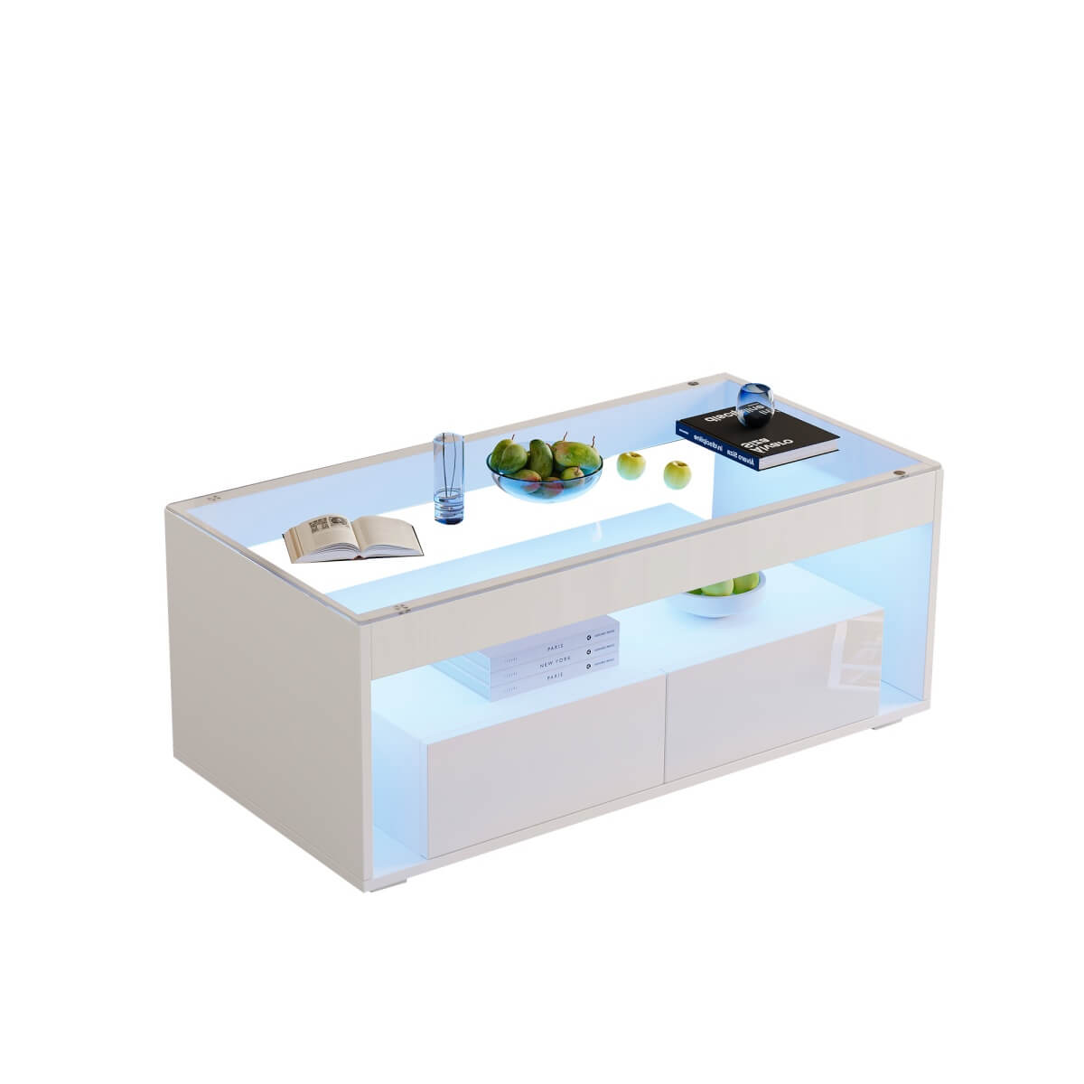 High Gloss LED Coffee Table - Centre Table with Open Storage & Drawers