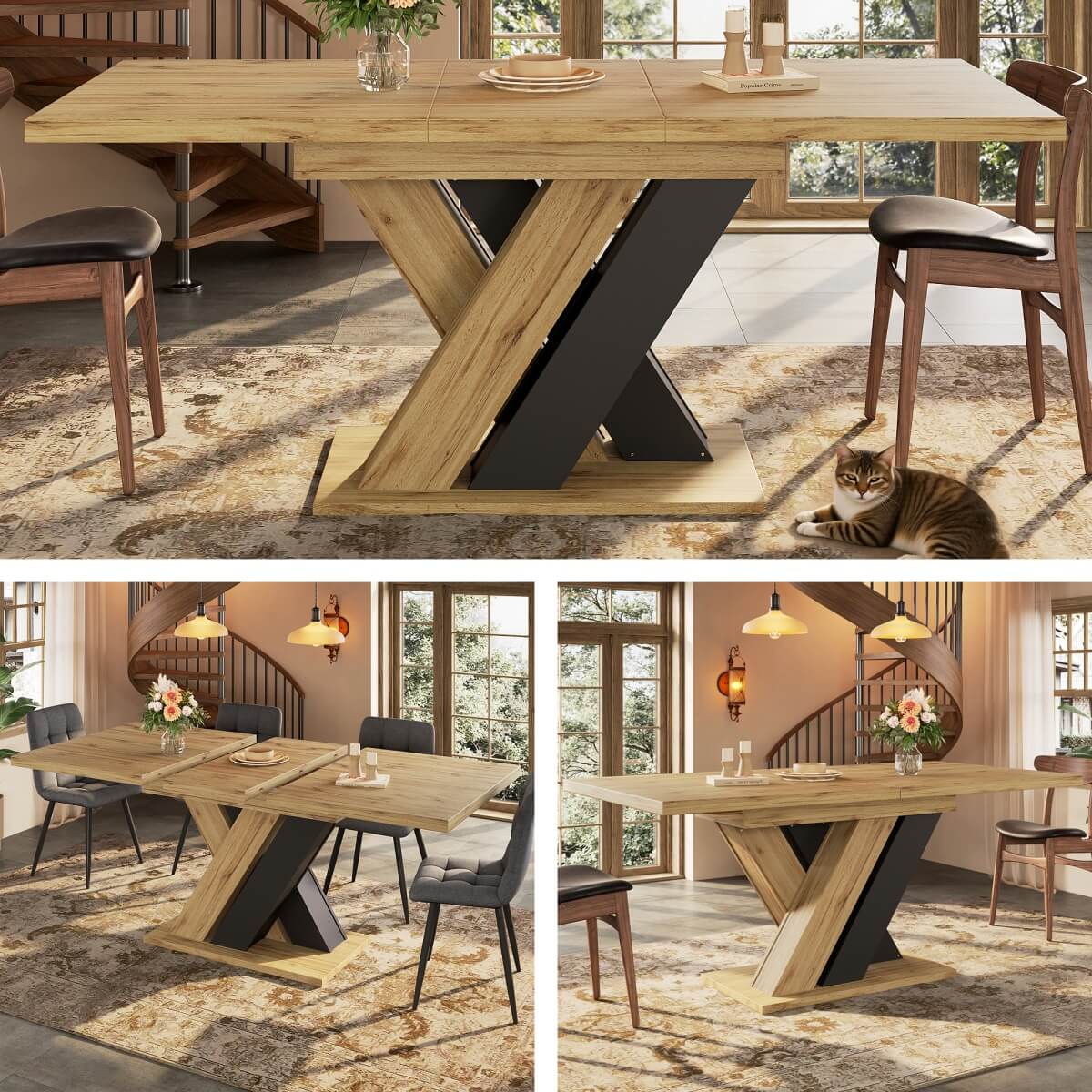 Extendable Wood-Coloured Dining Table with X-Shaped Legs – Telescopic Kitchen & Living Room Table