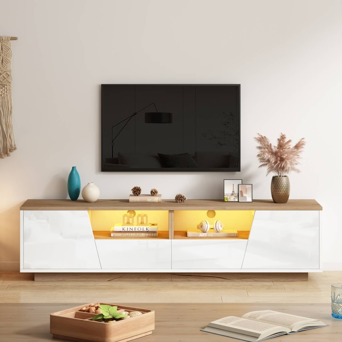 LED TV Stand for TVs up to 65" - Modern TV Unit with Drawers, Storage Cabinets & Cable Management, White & Oak
