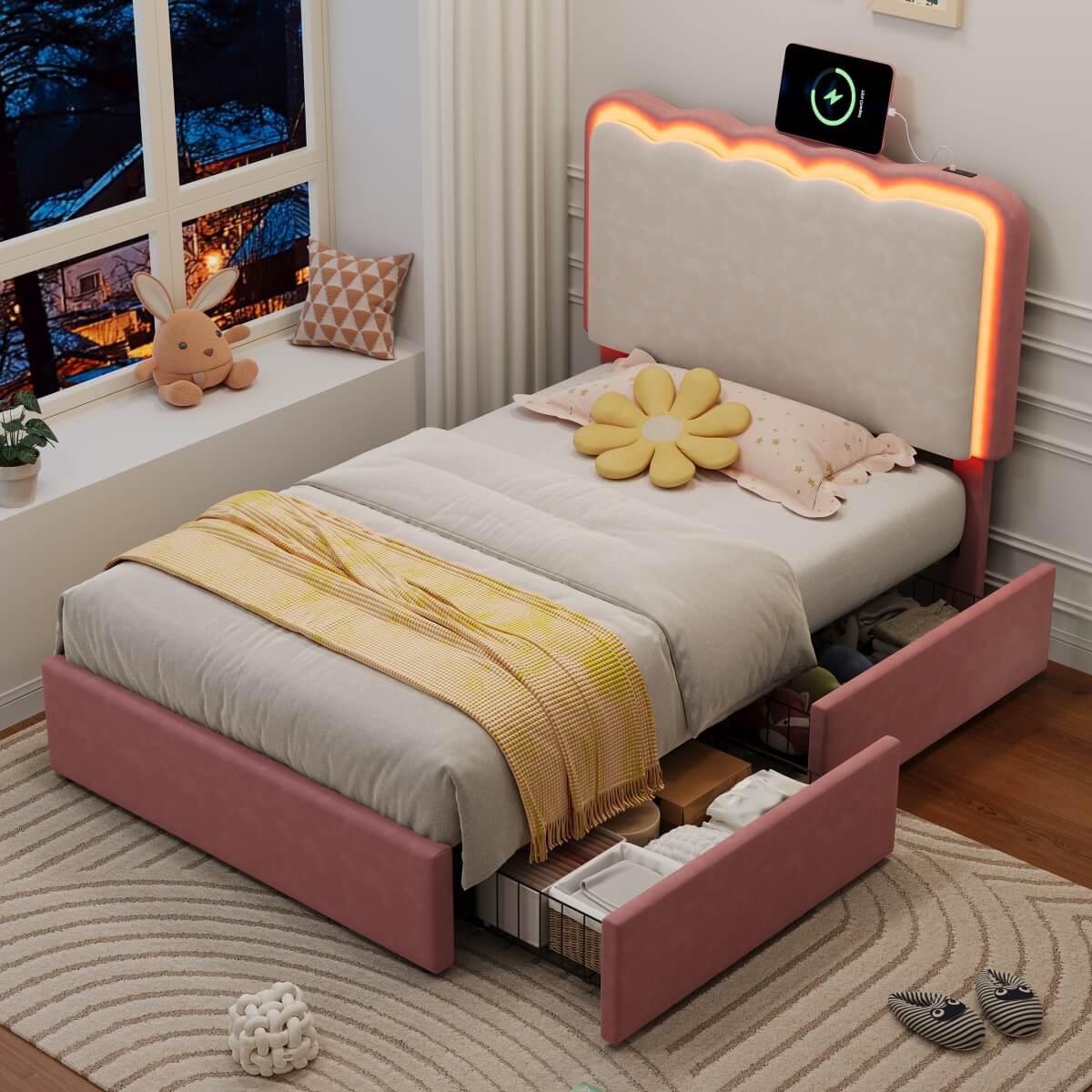 3ft Velvet Upholstered Bed with LED Wavy Headboard - Single Storage Bed with Drawers, Pink & Cream White