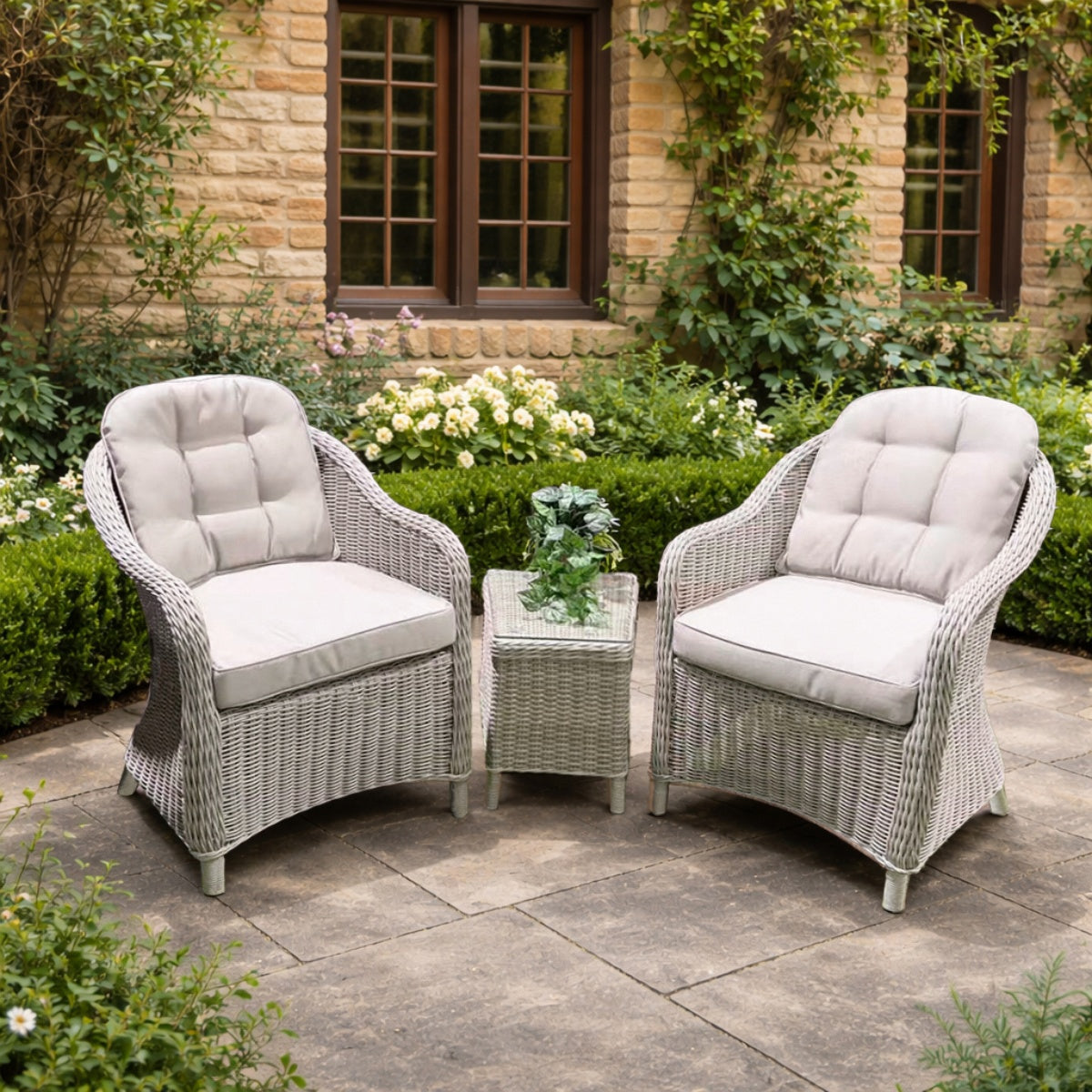 Outdoor Rattan Bistro Set - 2-Seater Sofa with Coffee Table, Grey