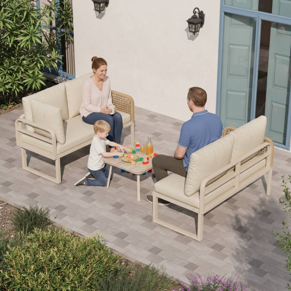 4 Seater Garden Sofa Set - Outdoor Patio Furniture with Wood Effect Glass Table