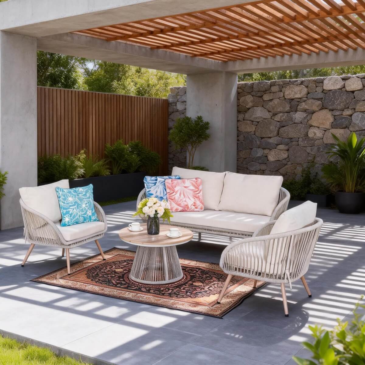 4-Seater Outdoor Sofa Set with Round Coffee Table - Metal Garden Patio Furniture Set