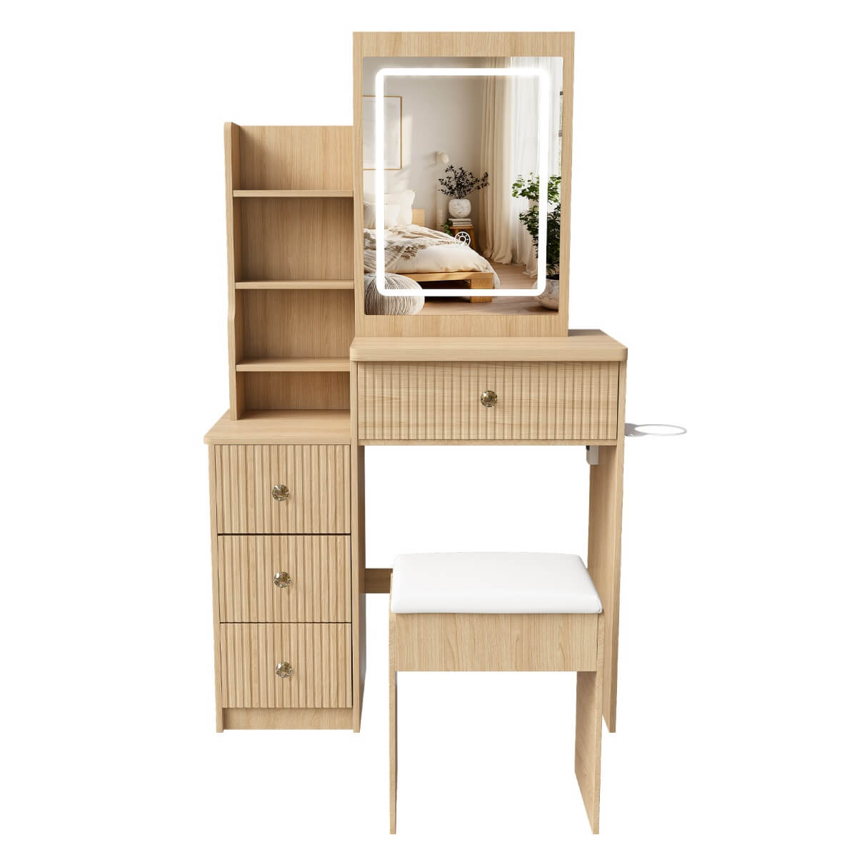 Modern Makeup Vanity Desk - 3-Mode Adjustable LED Lights, 4 Drawers, Open Storage Shelves, Hair Dryer Holder, Power Socket & Dressing Stool, Natural