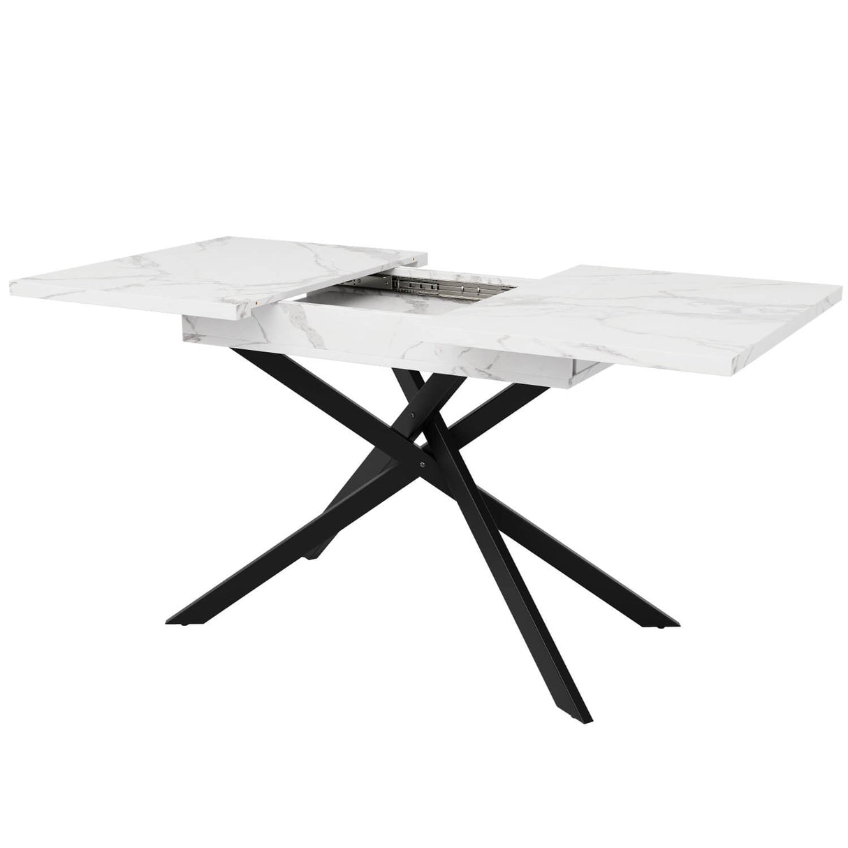 Extendable Dining Table 120–160 cm – Space-Saving Telescopic Table with Crossed Metal Legs, Marble Effect Top