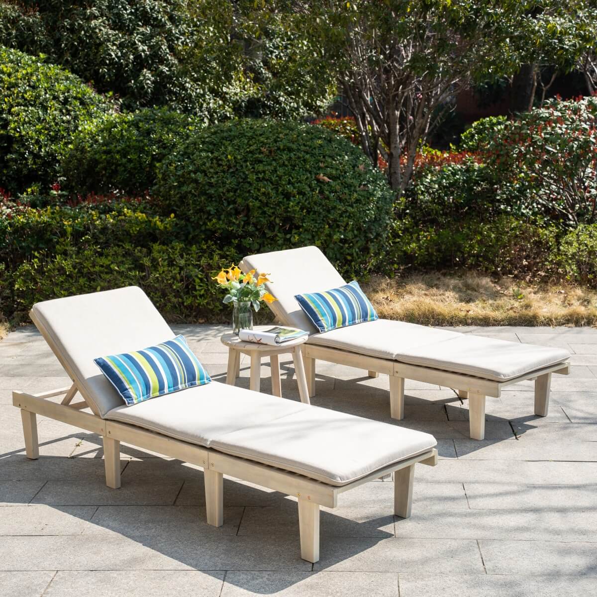 Outdoor Solid Wood Sun Lounger Set - 2 Adjustable Backrest Loungers with Round Side Table