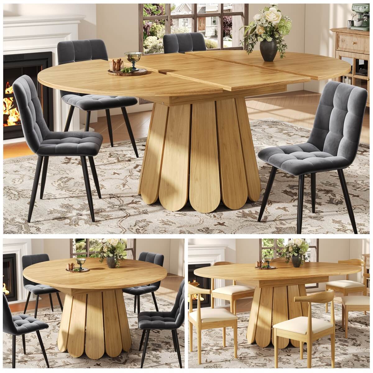 Extendable Dining Table – Round to Oval, Seats 6, 118–158cm, Natural Wood