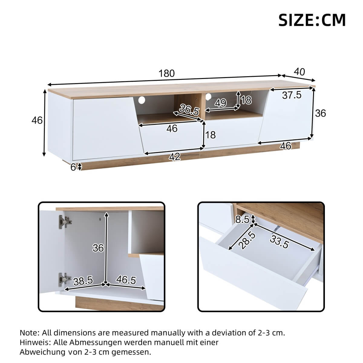 LED TV Stand for TVs up to 65" - Modern TV Unit with Drawers, Storage Cabinets & Cable Management, White & Oak