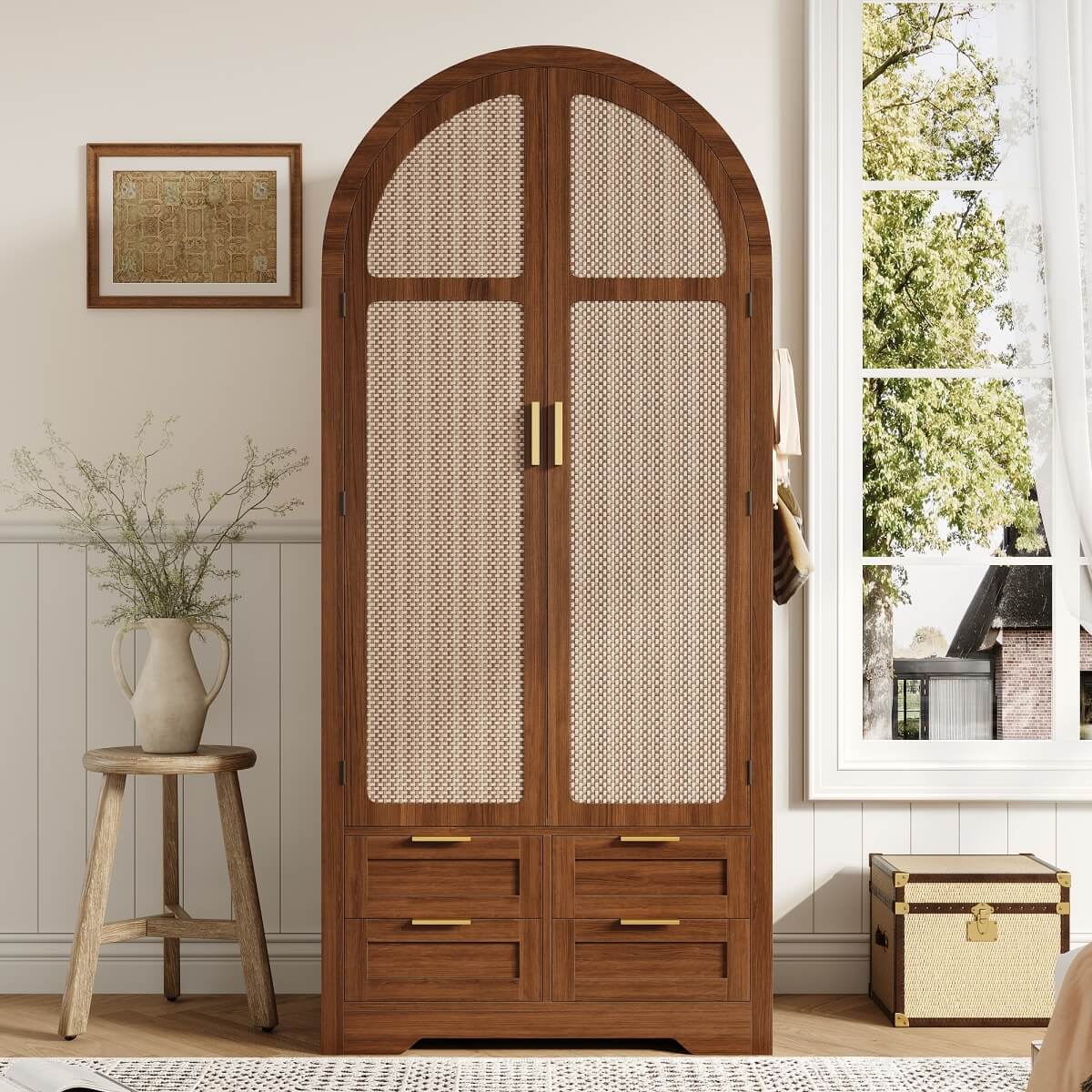 Modern Wardrobe with Curved Doors - Bedroom Storage Cabinet with Hanging Rail and Drawers, Walnut