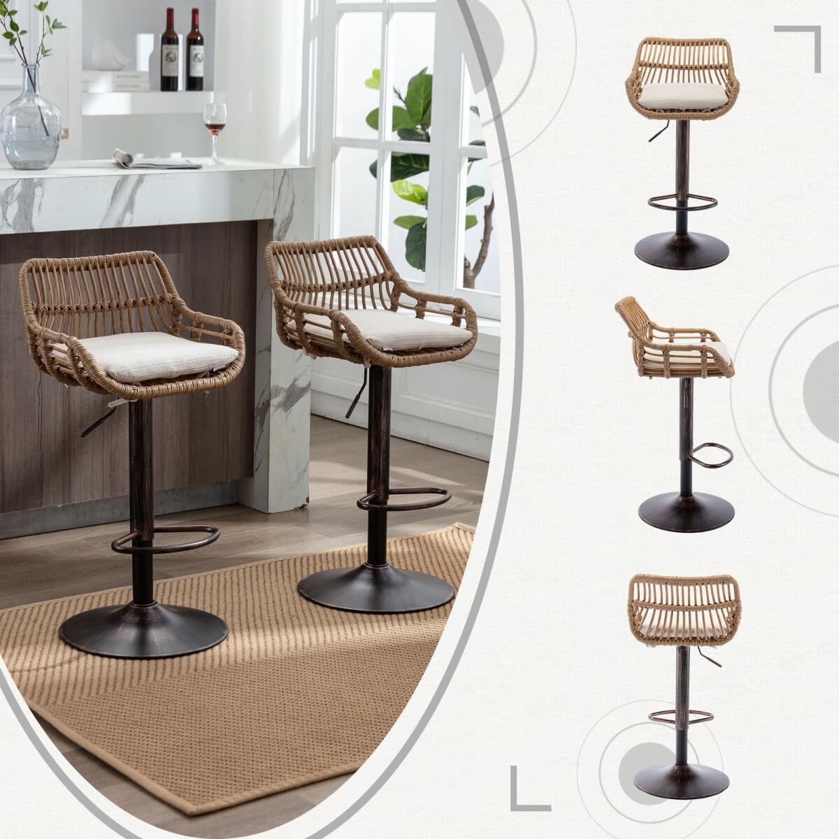 Set of 2 Swivel Bar Stools – Height Adjustable Bar Chairs with Cushions for Kitchen Island & Home Bar