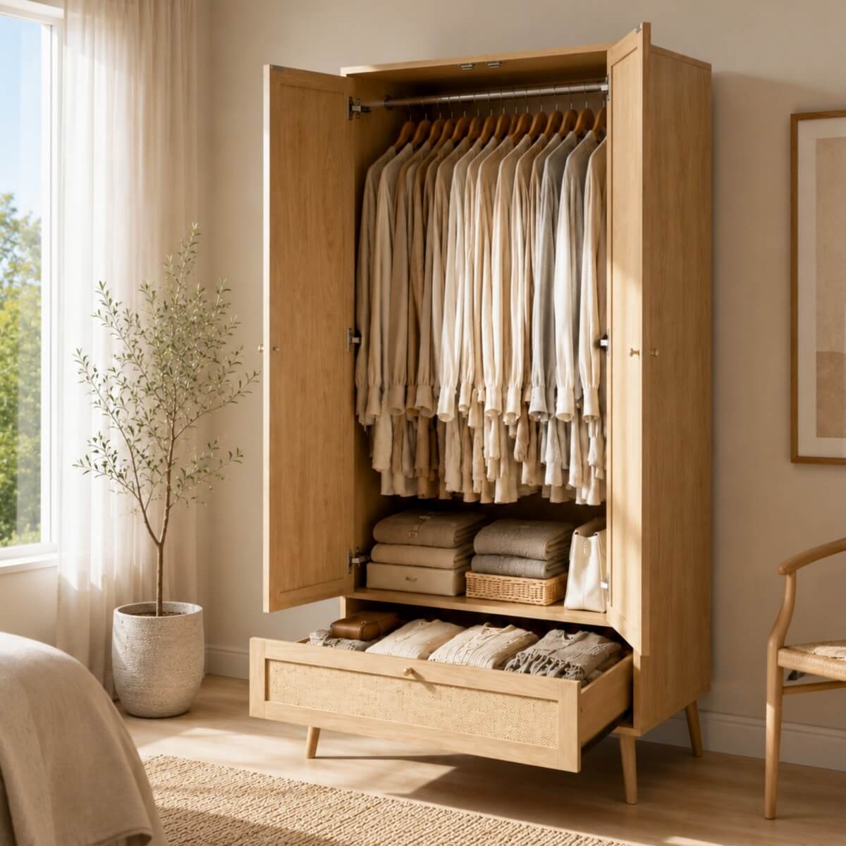 2 Door Rattan Effect Wardrobe with Drawer - Bedroom Storage Cabinet with Hanging Rail and Raised Legs, Natural Oak