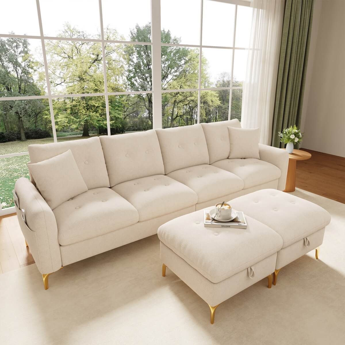 4 Seater U-Shaped Modular Sofa Bed with Storage Ottomans - Sleeper Sofa with 2 Storage Footstools and 2 Decorative Cushions, Beige