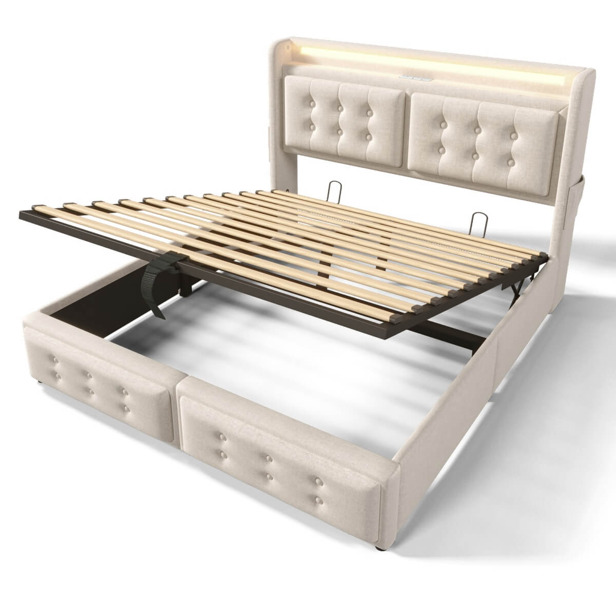 4ft6 Double Upholstered Storage Bed - Hydraulic Bed Frame with LED Headboard, USB & Type-C Charging, Linen, Beige
