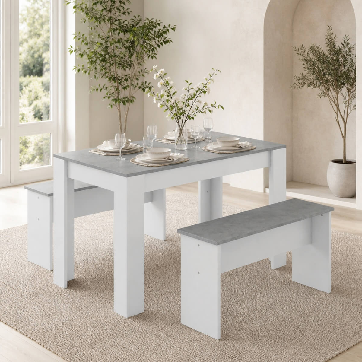 3 Piece Dining Table Set with Benches - Rectangular Kitchen Dining Set