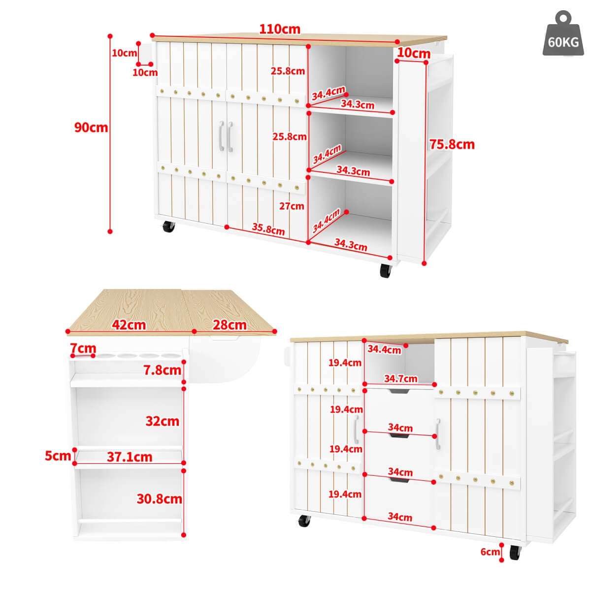 Kitchen Trolley with Worktop – Mobile Kitchen Cabinet with Storage & Sliding Doors