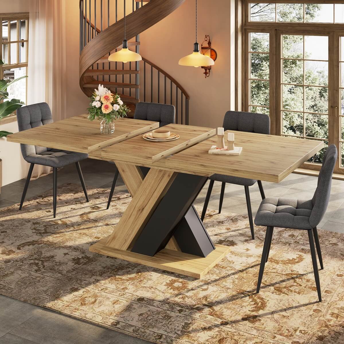 Extendable Wood-Coloured Dining Table with X-Shaped Legs – Telescopic Kitchen & Living Room Table