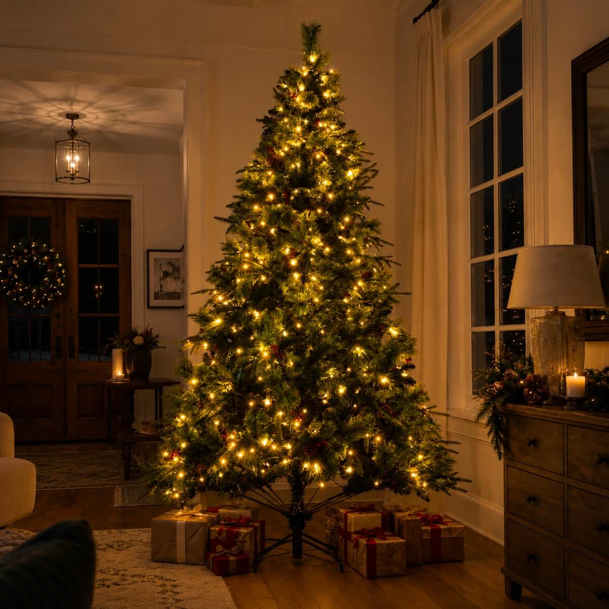 Realistic Full Green Artificial Christmas Tree with Pine Cones & Red Berries - Pre-Lit Warm White LED Lights, PVC Xmas Tree, 6.5ft/7.5ft/8.5ft