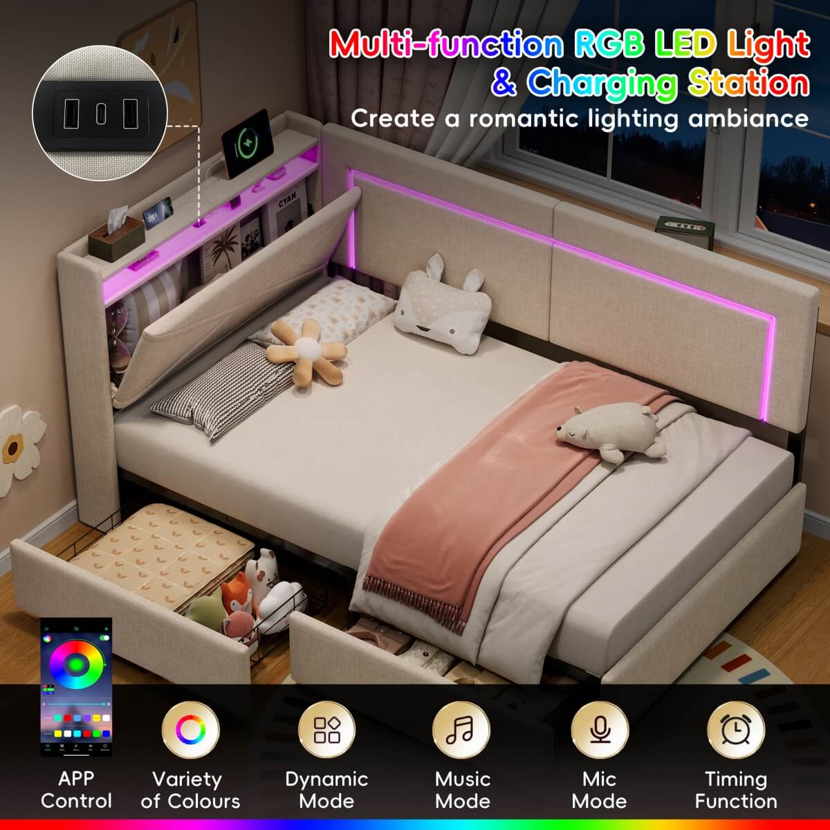 3ft Single Daybed with 2 Storage Drawers - Linen Sofa Bed with LED Headboard Storage & Charging Station, Beige