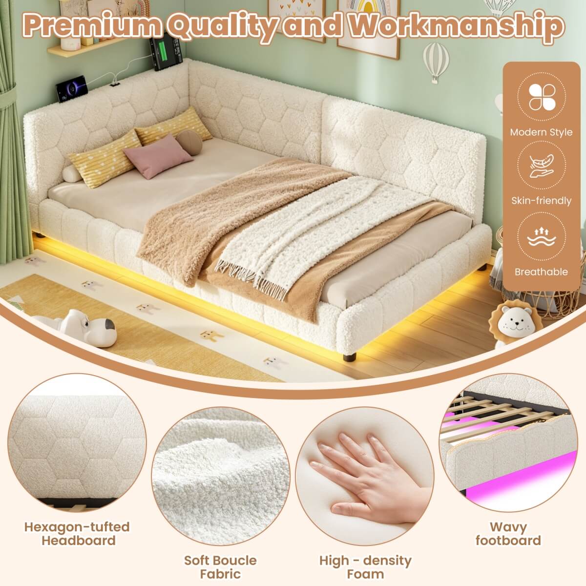 3ft Single Boucle Bed Frame - Reversible Design with RGB LED Lights, USB and Type-C Charging, Beige