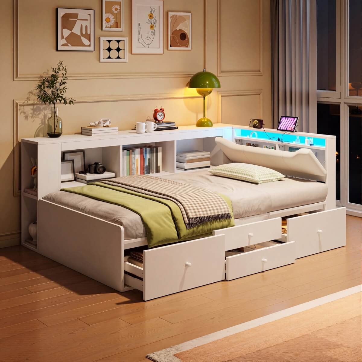 3ft Single Tatami Wooden Bed Frame - Reversible Design with Underbed Storage, LED Linen Headboard and Charging Station, White