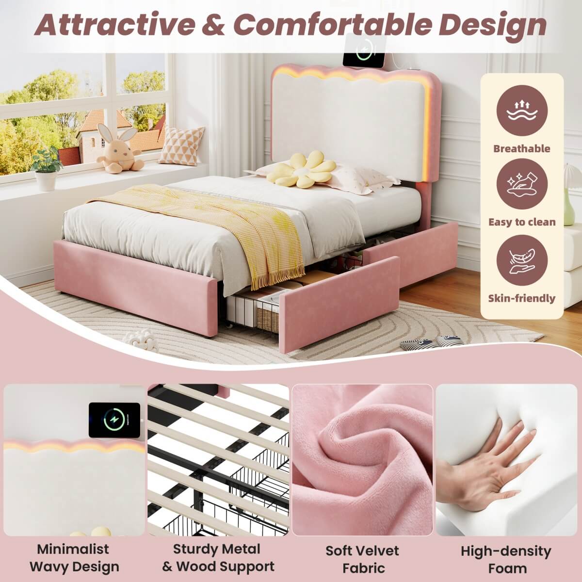 3ft Velvet Upholstered Bed with LED Wavy Headboard - Single Storage Bed with Drawers, Pink & Cream White