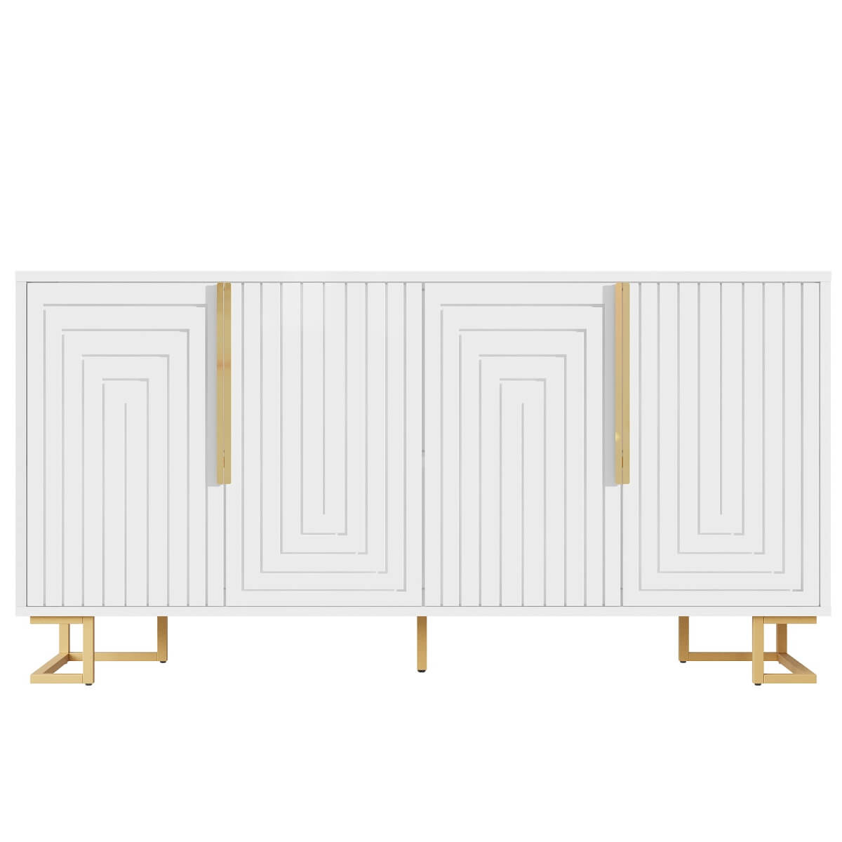 White Sideboard with Geometric Design - Modern Storage Cabinet with Gold Handles and Gold Legs