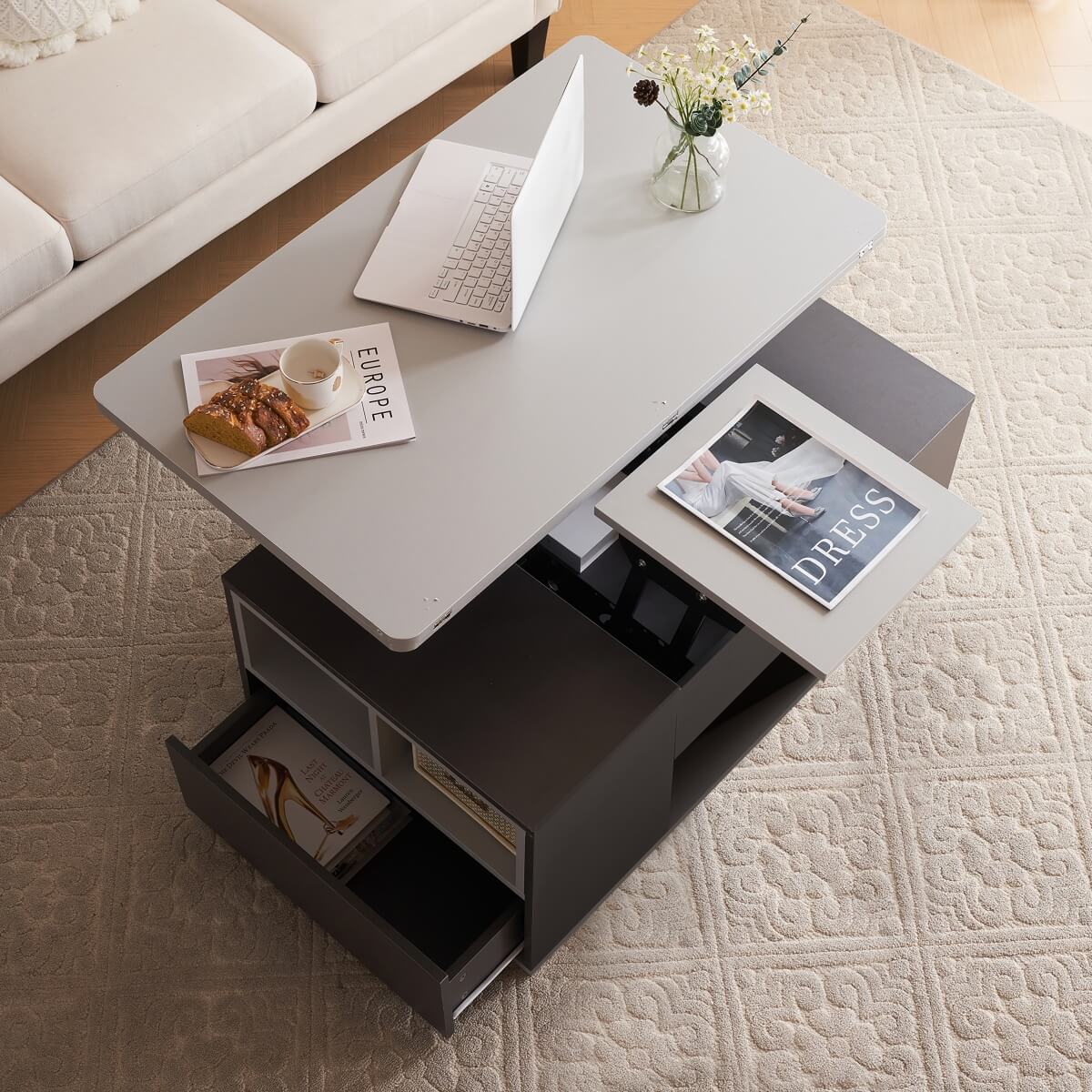 Lift-Top Coffee Table with Storage - Grey Coffee Table with 2 Drawers