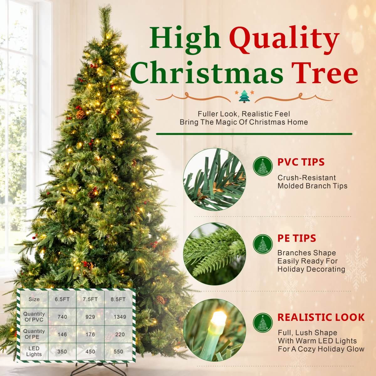 Realistic Full Green Artificial Christmas Tree with Pine Cones & Red Berries - Pre-Lit Warm White LED Lights, PVC Xmas Tree, 6.5ft/7.5ft/8.5ft