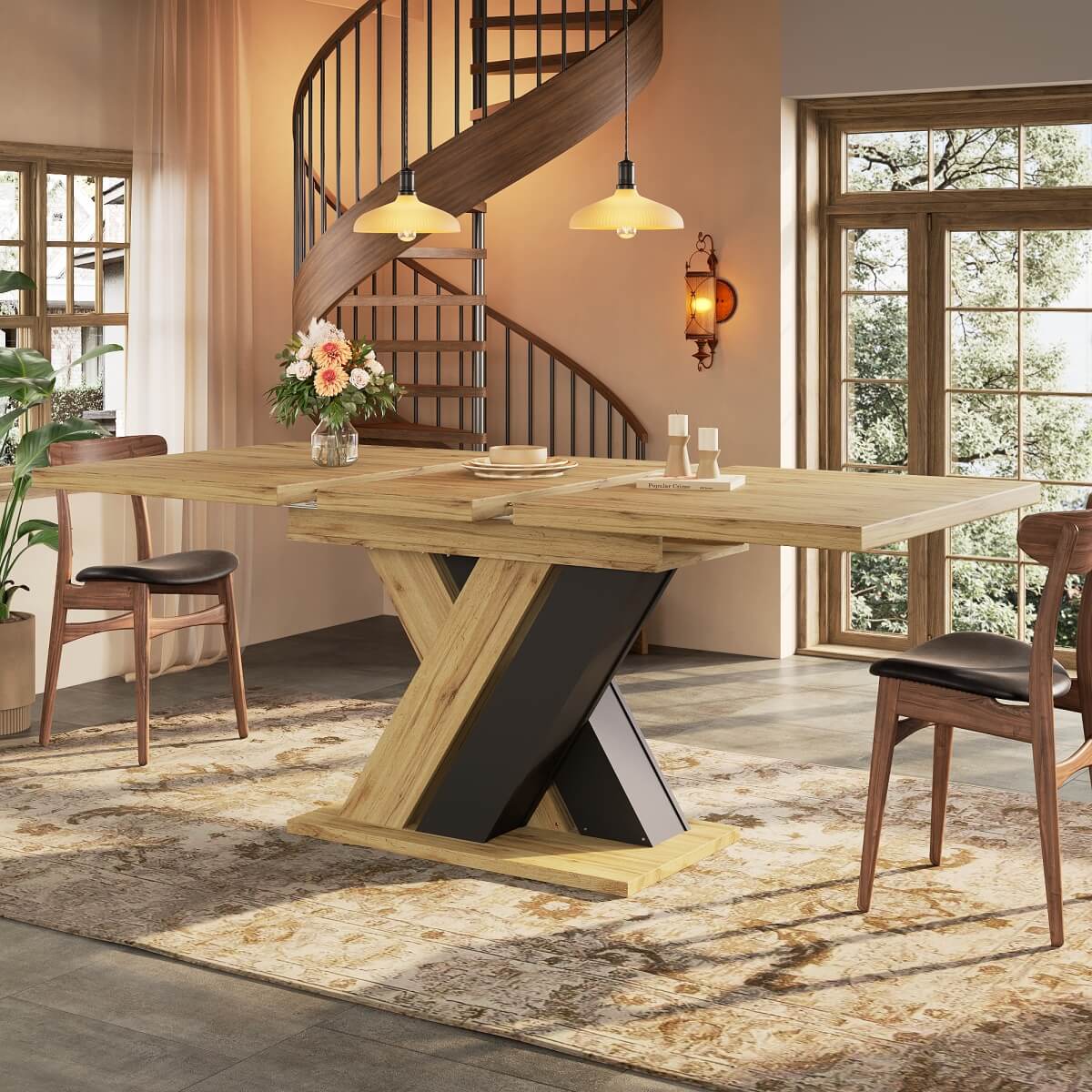 Extendable Wood-Coloured Dining Table with X-Shaped Legs – Telescopic Kitchen & Living Room Table