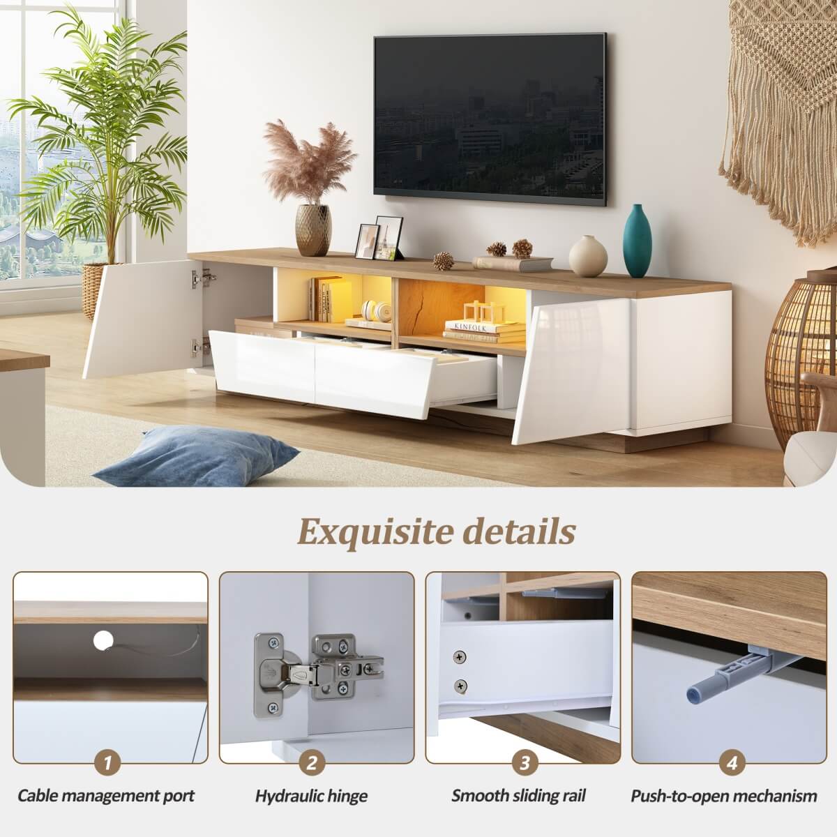 LED TV Stand for TVs up to 65" - Modern TV Unit with Drawers, Storage Cabinets & Cable Management, White & Oak