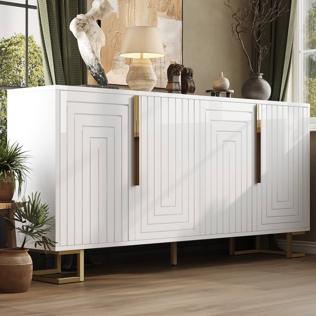 White Sideboard with Geometric Design - Modern Storage Cabinet with Gold Handles and Gold Legs