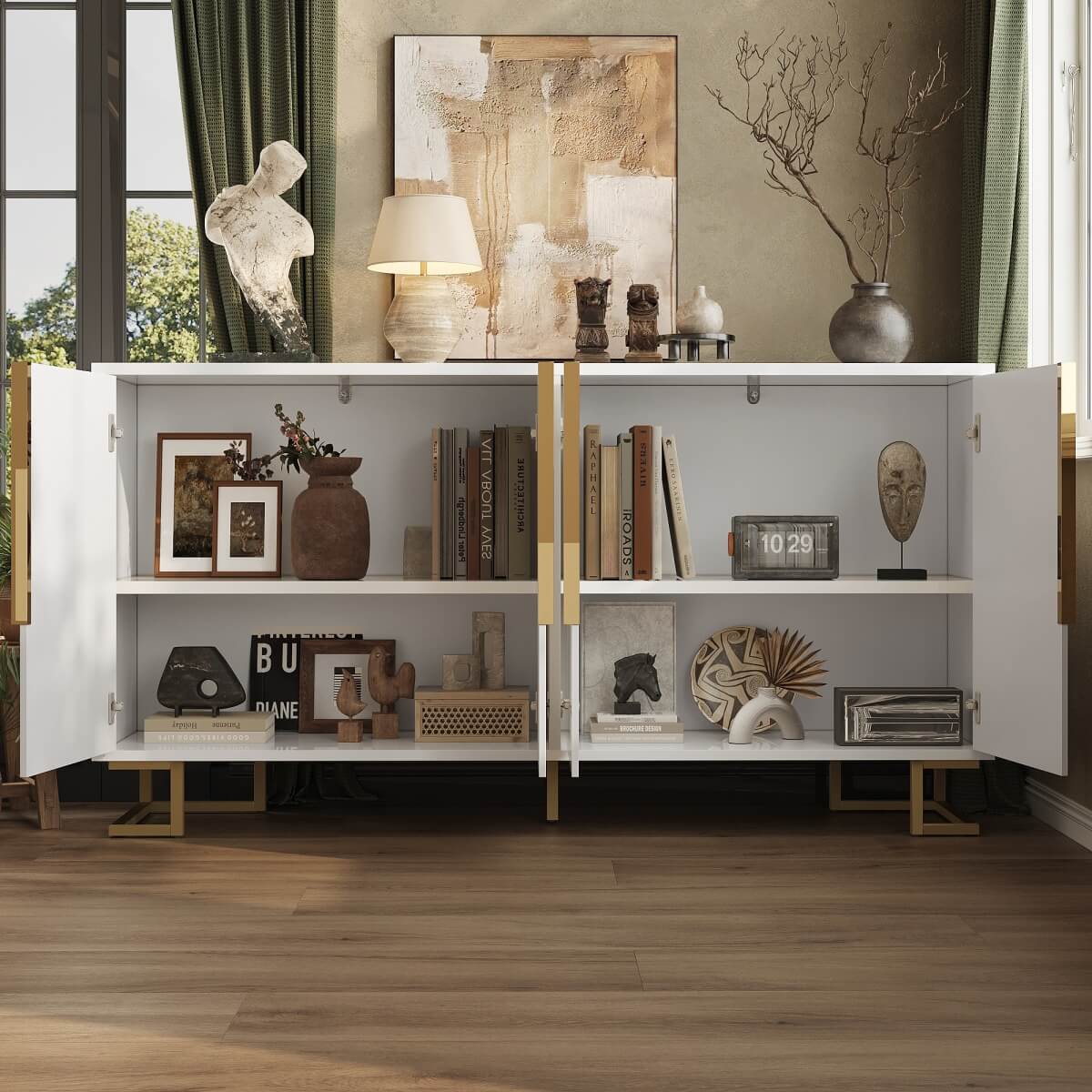 White Sideboard with Geometric Design - Modern Storage Cabinet with Gold Handles and Gold Legs