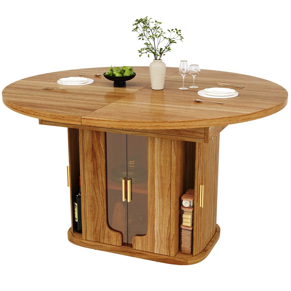Extendable Round Dining Table 118–158cm - Kitchen Table Converts to Oval, Seats 6, Glass Door Storage, Walnut