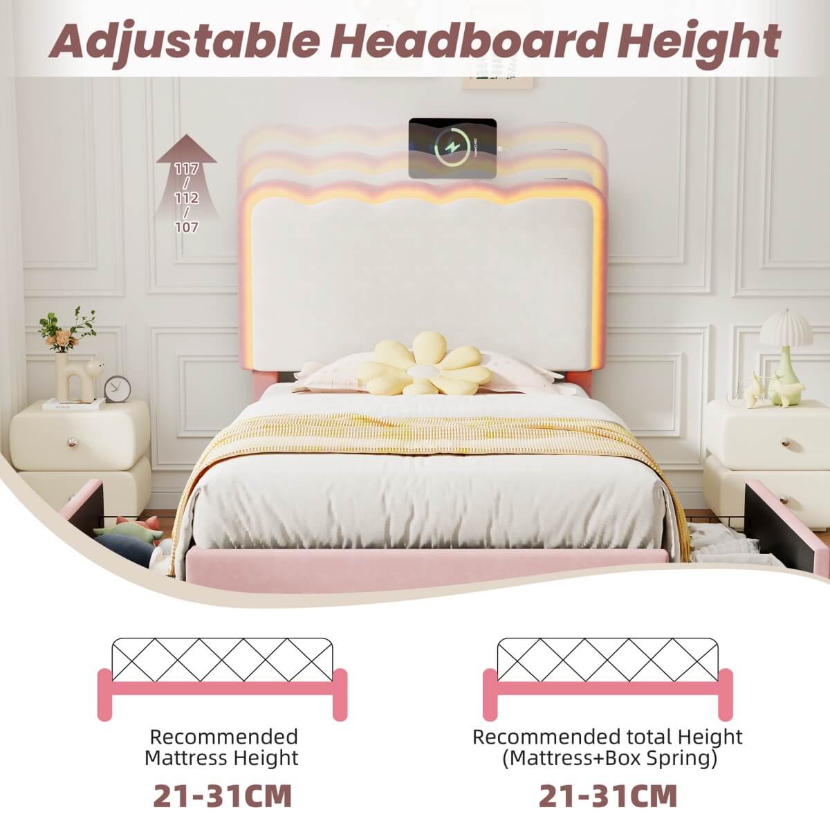 3ft Velvet Upholstered Bed with LED Wavy Headboard - Single Storage Bed with Drawers, Pink & Cream White