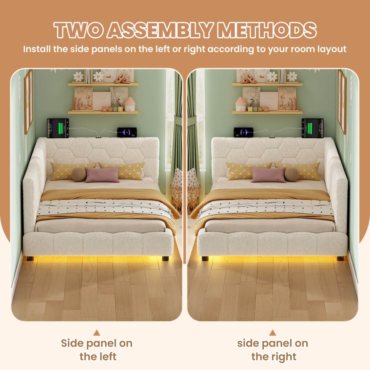 3ft Single Boucle Bed Frame - Reversible Design with RGB LED Lights, USB and Type-C Charging, Beige
