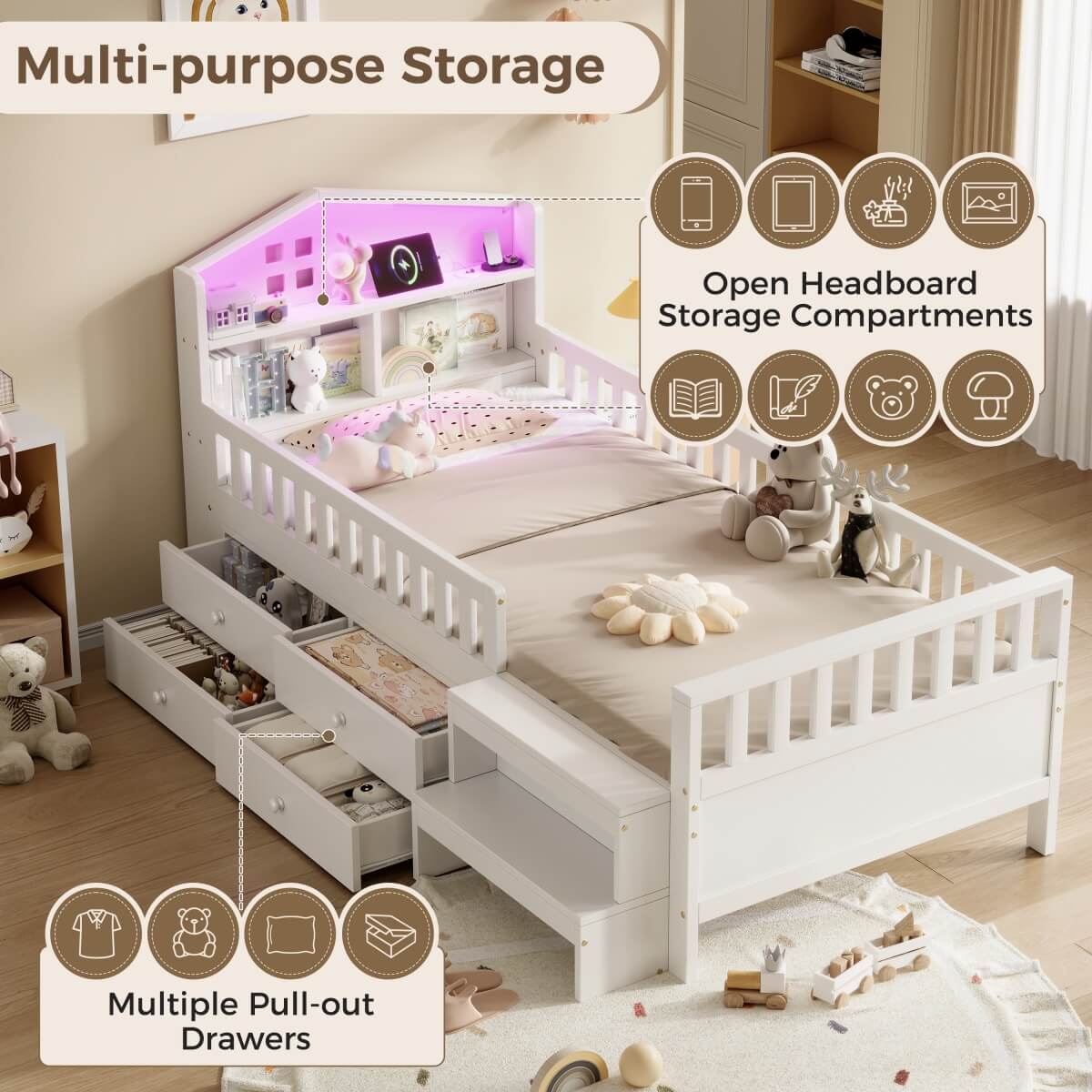 3ft Single Wooden Storage Bed with LED House Headboard, Drawer, USB & Type-C Charging, White