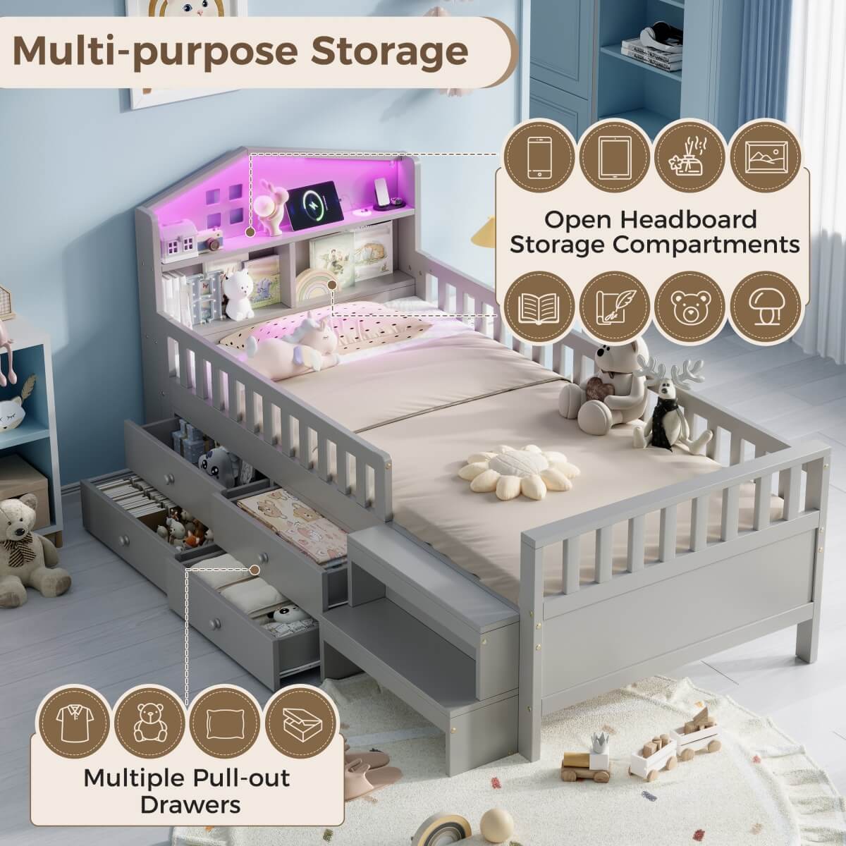 3ft Single Wooden Storage Bed with LED Headboard, Drawers & USB Charging, Grey