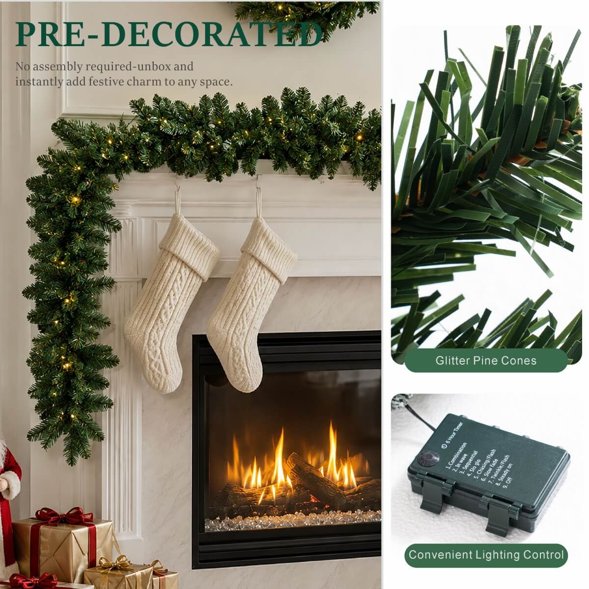 Pre-Lit Christmas Garland - Realistic PVC Foliage Garland with LED Lights for Festive Decoration