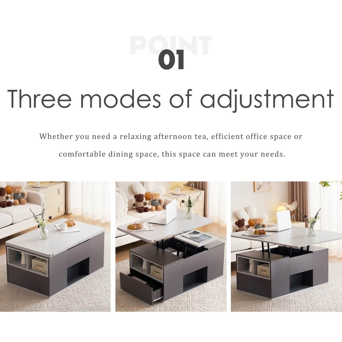 Lift-Top Coffee Table with Storage - Grey Coffee Table with 2 Drawers