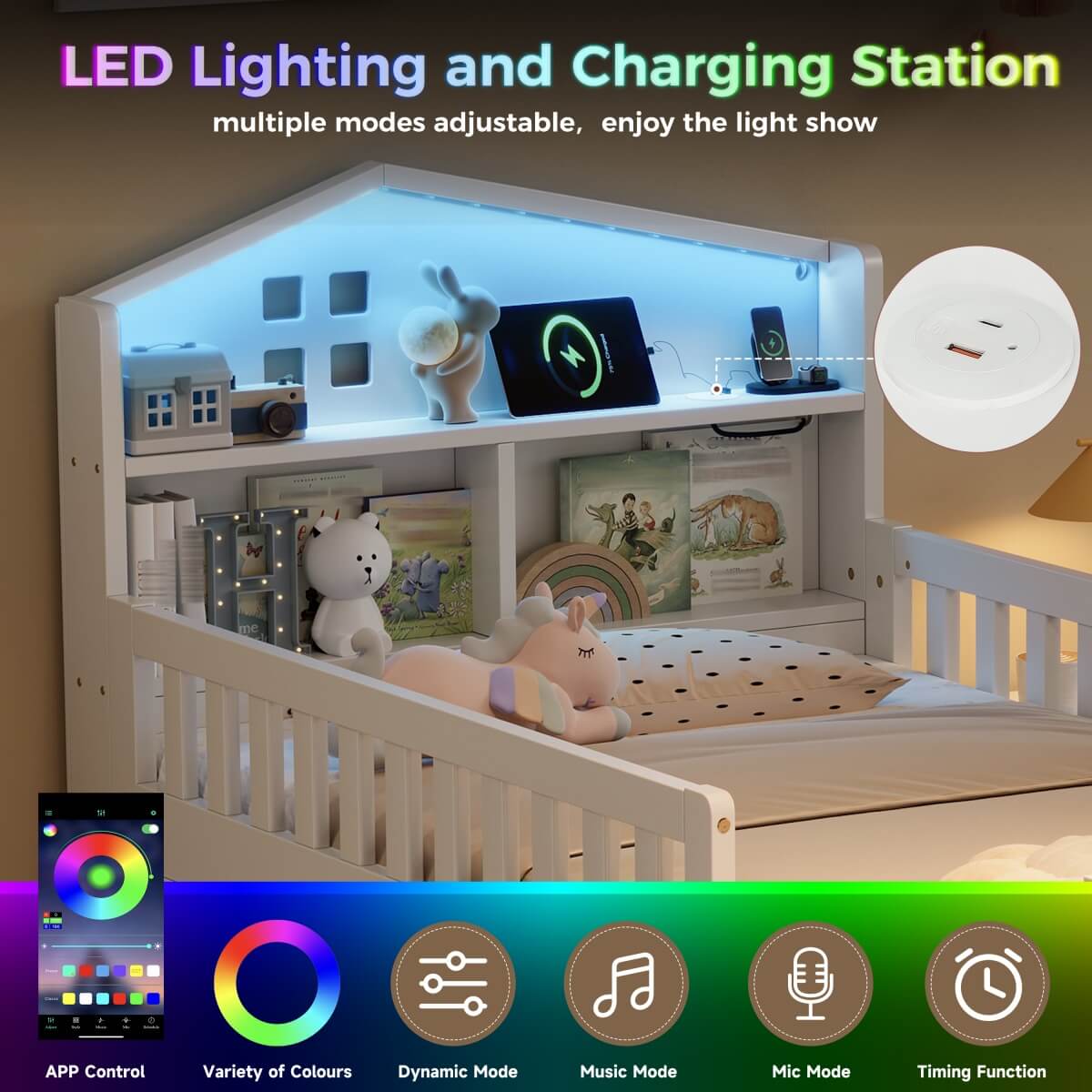 3ft Single Wooden Storage Bed with LED House Headboard, Drawer, USB & Type-C Charging, White