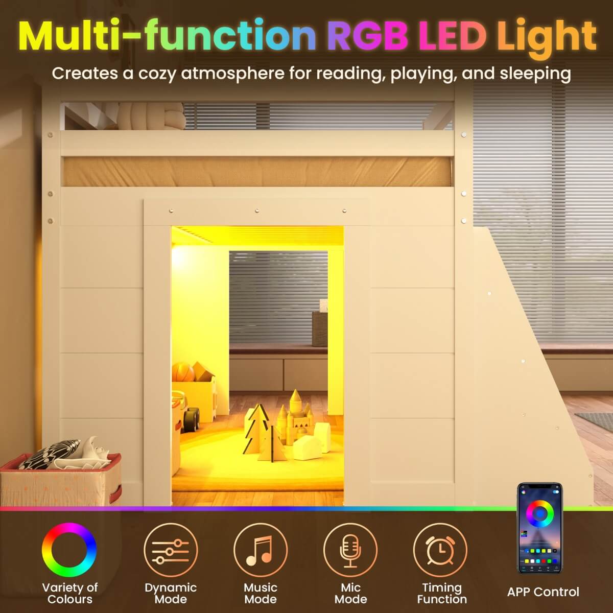 3ft Single Wooden Loft Bed with Stairs - LED Light, Bookcase & Storage Shelves, Underbed Play Space, Safety Guardrail, White