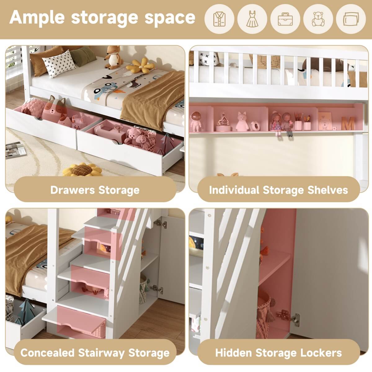 3ft Single Loft Bed with Storage - Solid Wood Cabin Bed with Stairs, Drawers & Shelves, White