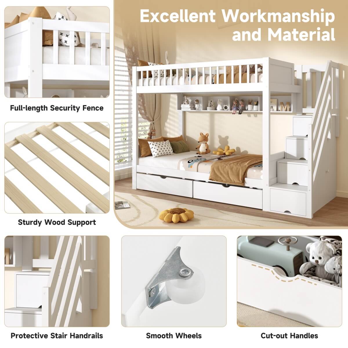 3ft Single Loft Bed with Storage - Solid Wood Cabin Bed with Stairs, Drawers & Shelves, White