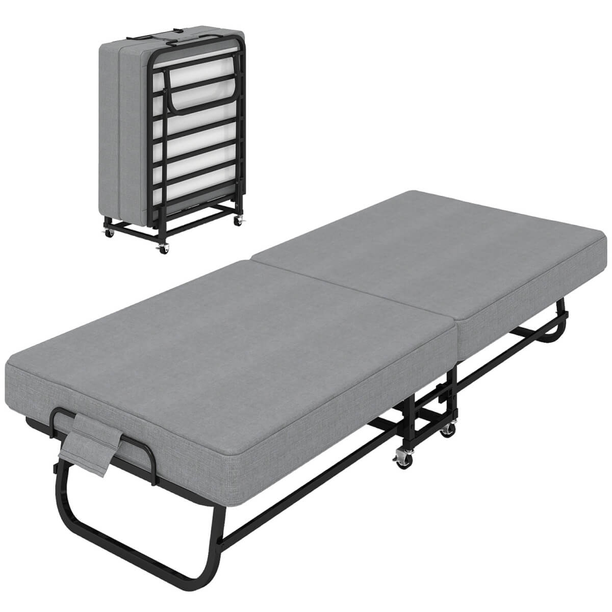 Folding Single Bed with Wheels - Portable Guest Bed with 6cm Memory Foam Mattress & Sturdy Metal Frame