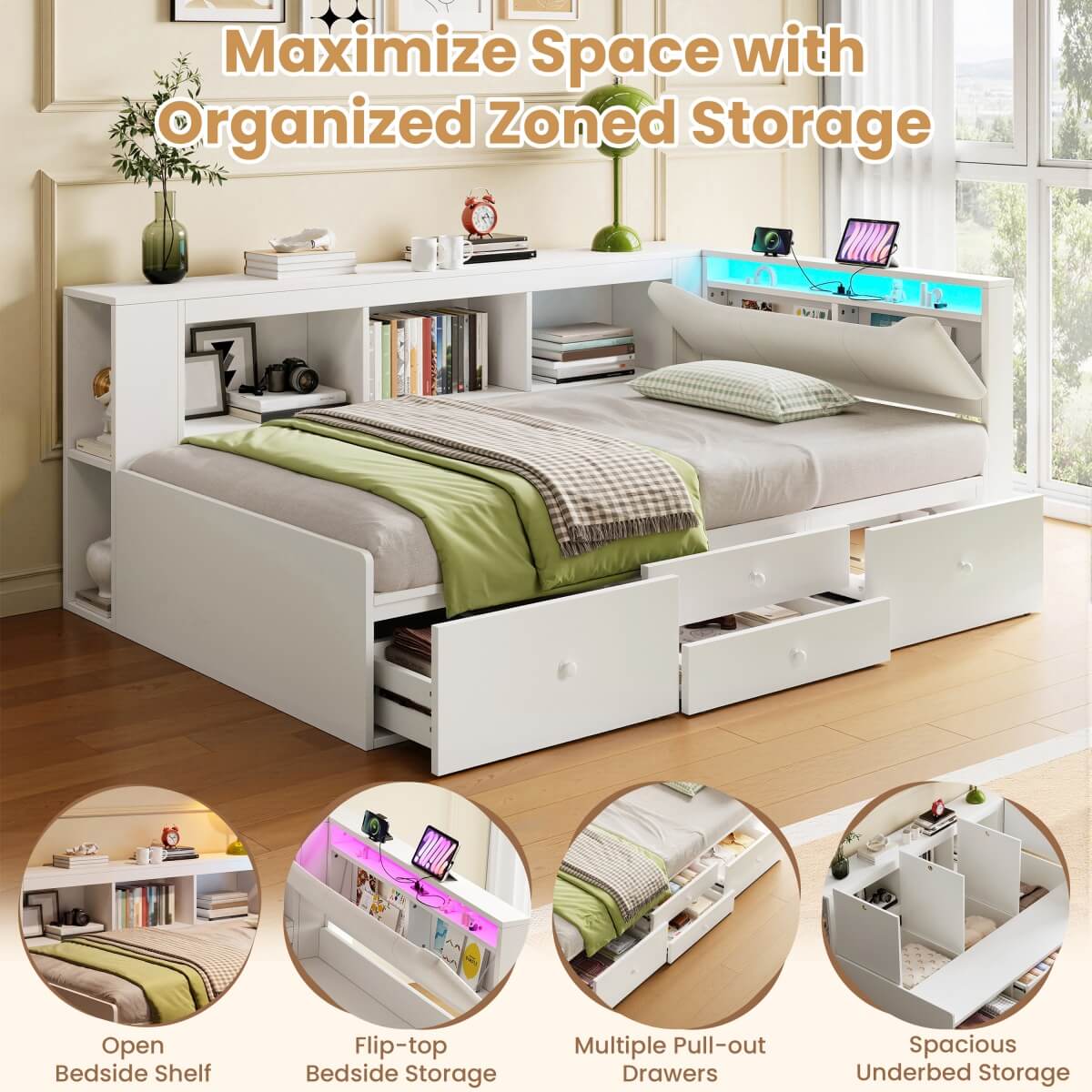 3ft Single Tatami Wooden Bed Frame - Reversible Design with Underbed Storage, LED Linen Headboard and Charging Station, White