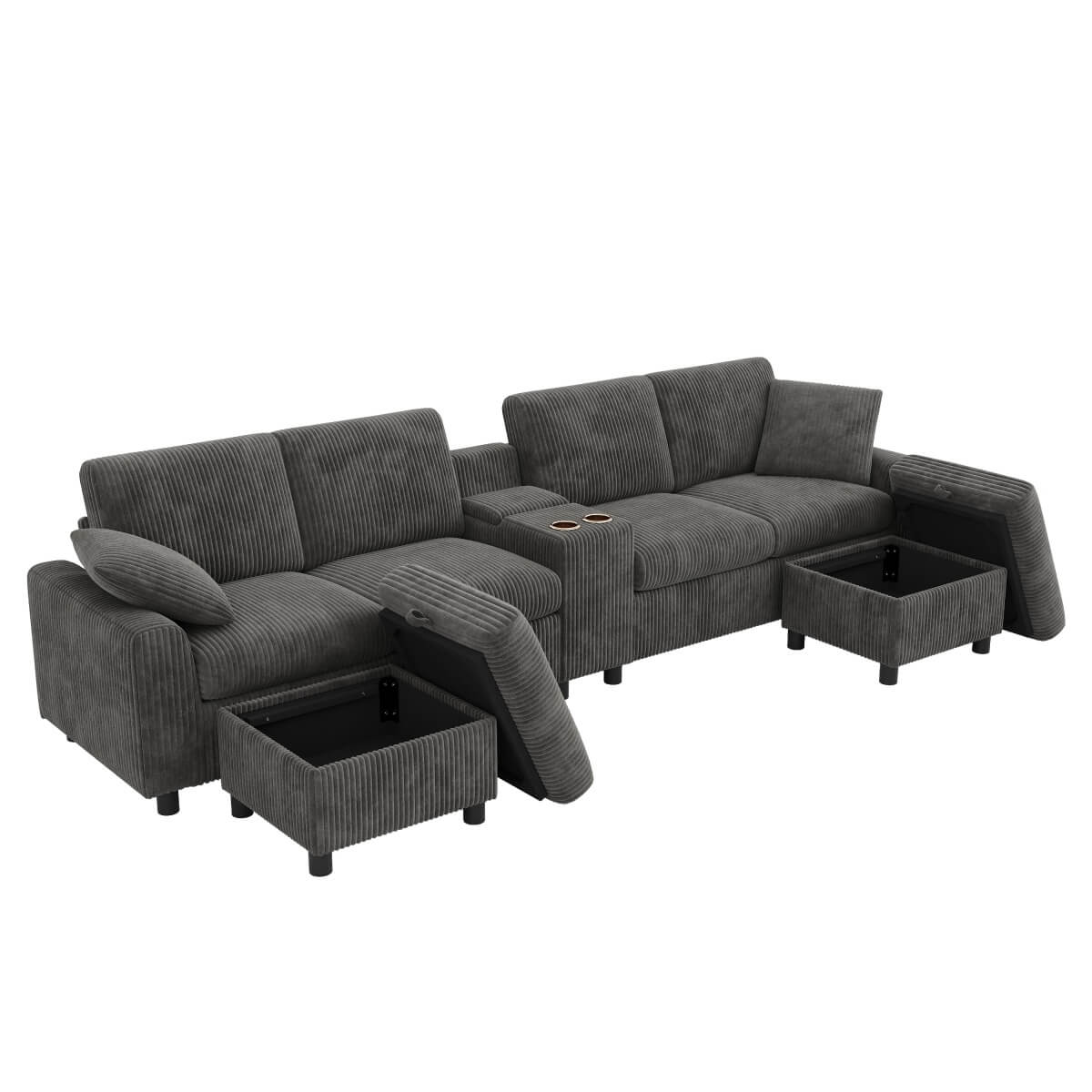 U Shaped Corduroy Sectional Sofa - Modular Sofa with Storage Ottomans, USB & Type-C Charging, Grey