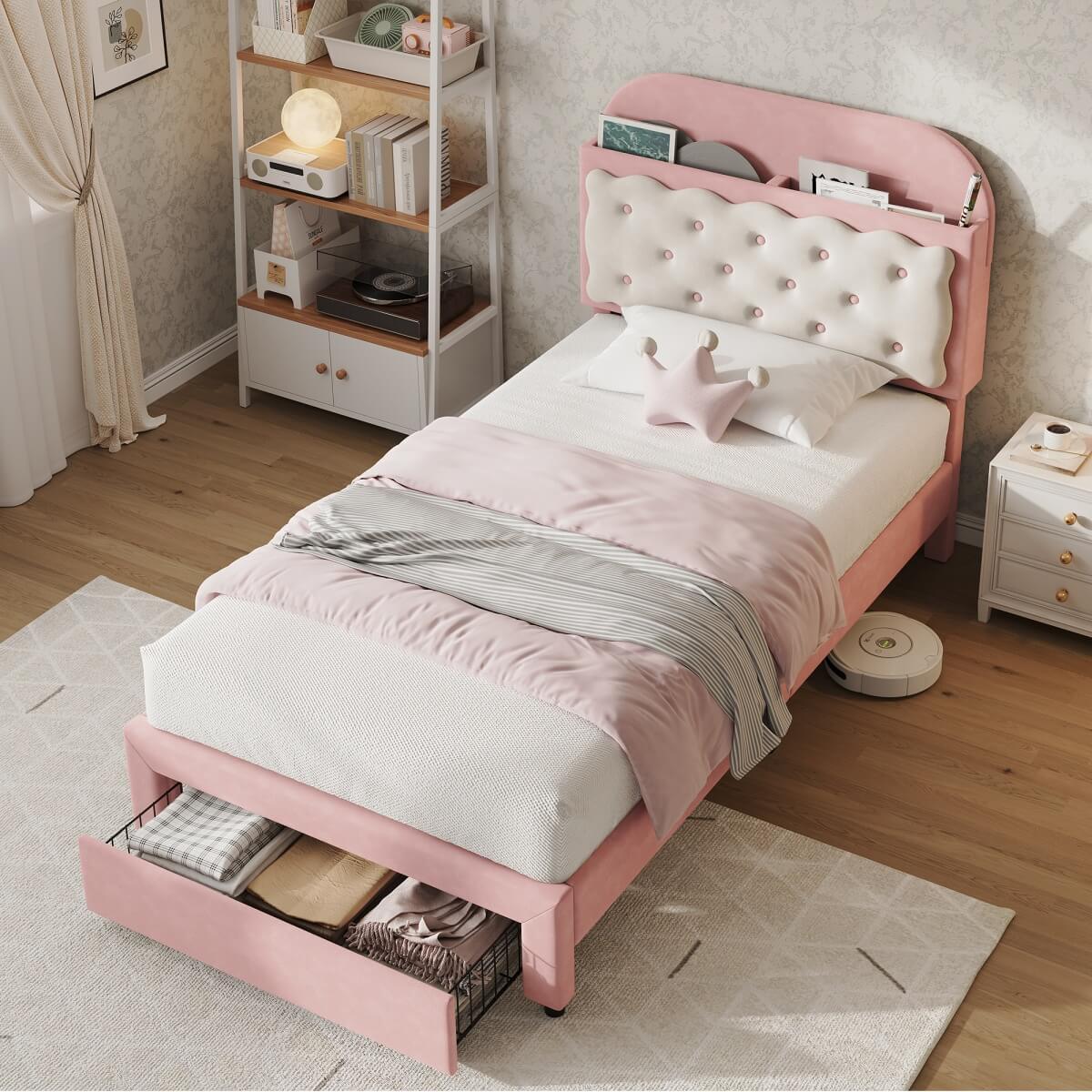 3ft Single Velvet Bed Frame - Cookie Shaped Headboard with Storage Drawer